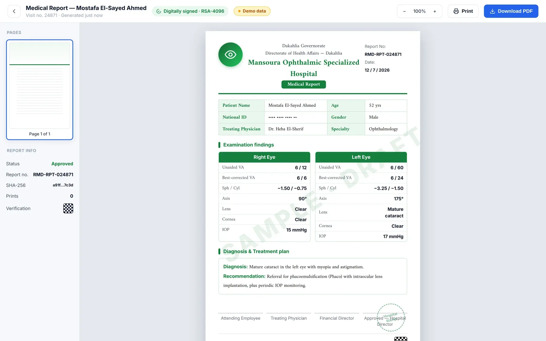Medical Report System: a signed eye-exam report