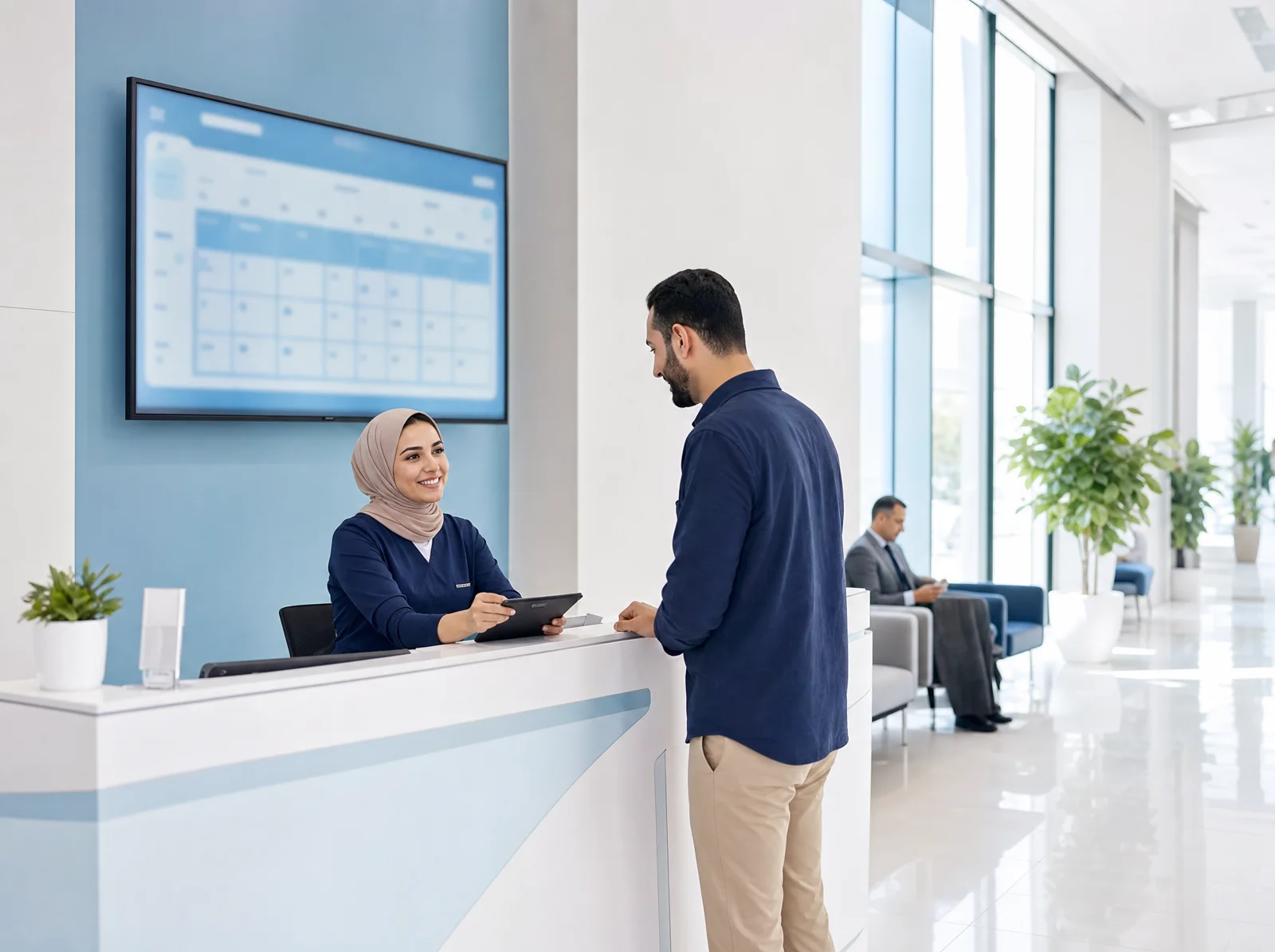 Reception desk at a modern clinic running a Vionex scheduling screen