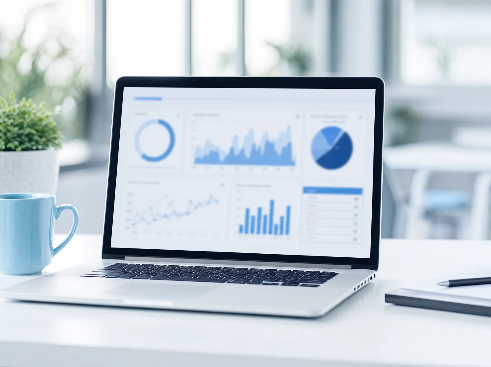 Analytics dashboard on a laptop in a modern office