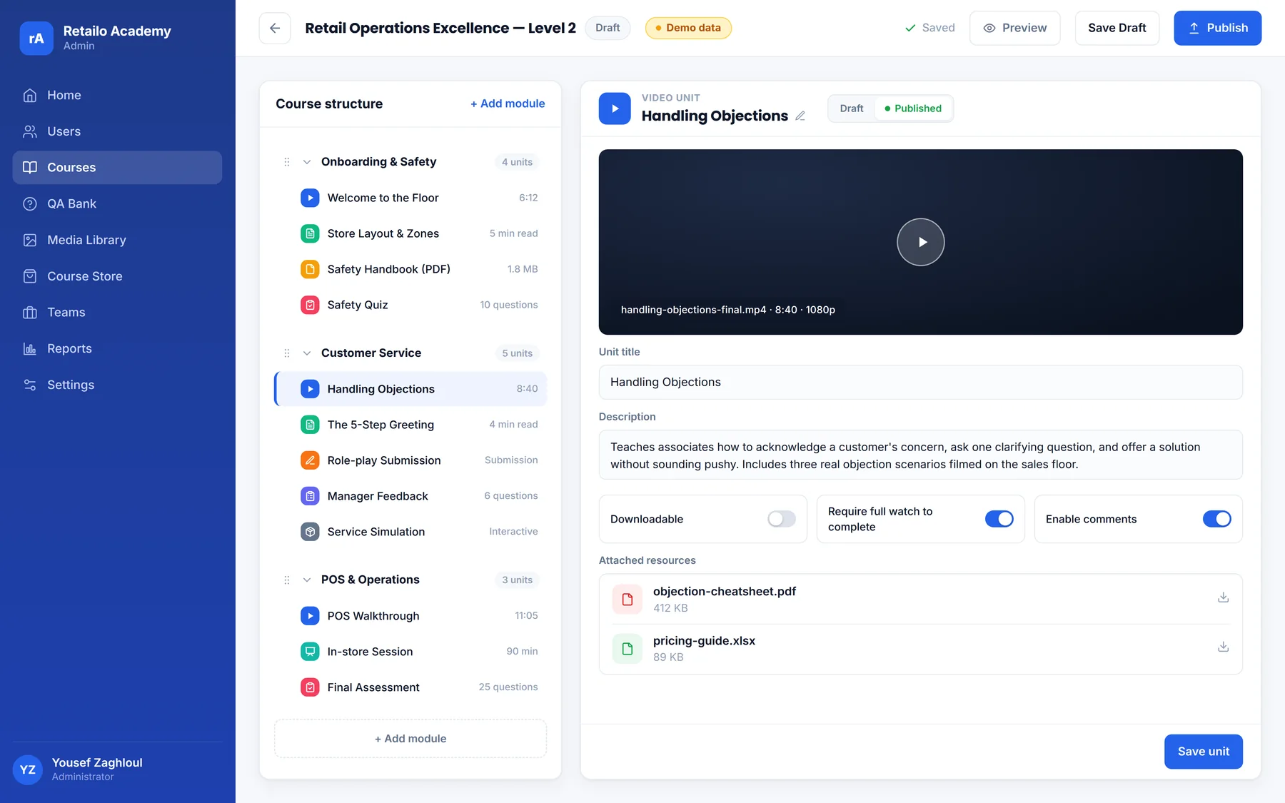 Course builder with modules, unit types and a unit editor